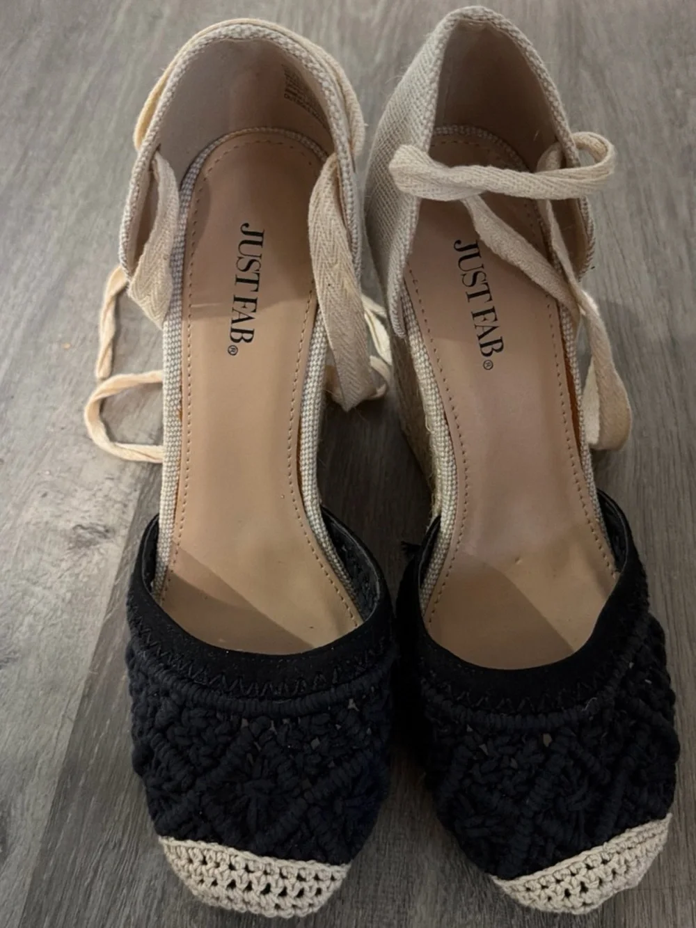 JustFab Black and Cream Crochet Espadrille Wedge Sandals